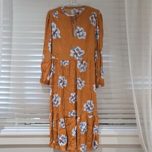 Old Navy Mustard Floral Long-Sleeve Midi Dress with Blue Flowers